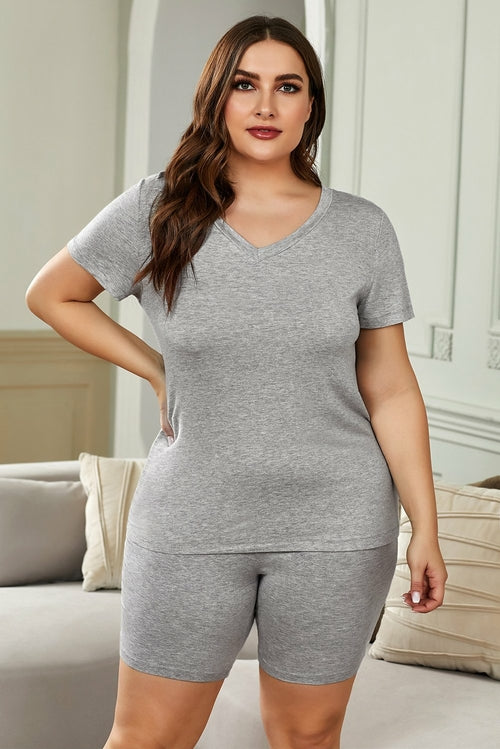 Plus Size V Neck T-shirt and Shorts Loungewear